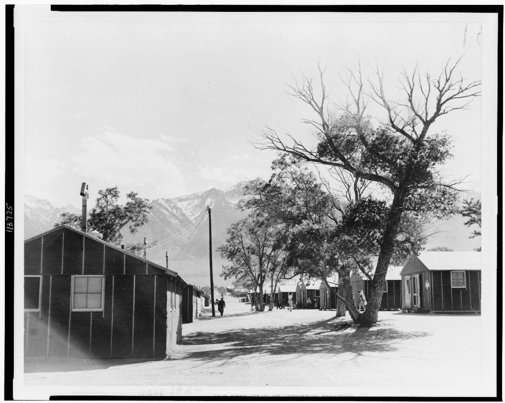 A view of the quarters at Manzanar, California, a "War Relocation Authority center" that is considered today to be a prison camp.