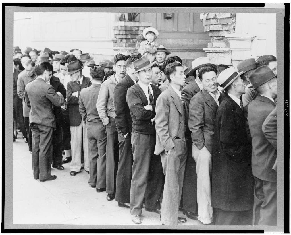 Residents of Japanese-Americans appearing at the Civil Control Station for registration in response to the Army's exclusion order No. 20.