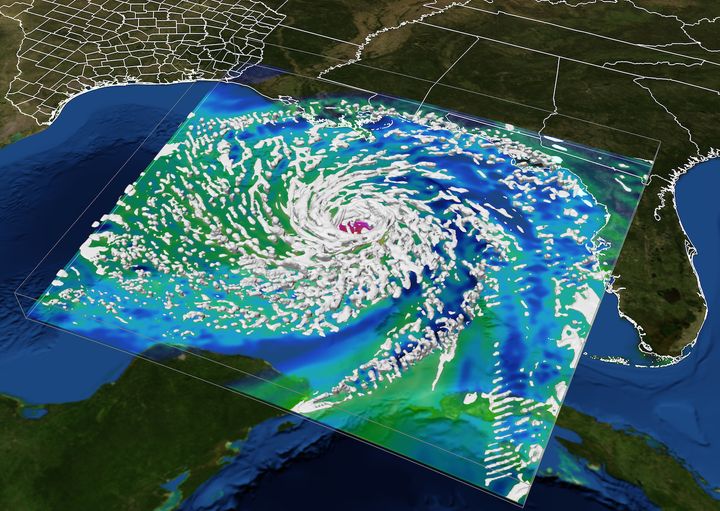 A computer visualization of Hurricane Ike shows the storm developing in the Gulf of Mexico before making landfall at the Texas coast. In times of emergency, the Texas Advanced Computing Center (TACC) serves as a hub for hazard forecasting, response and recovery. 