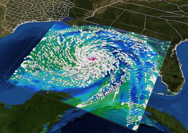 <p>A computer visualization of Hurricane Ike shows the storm developing in the Gulf of Mexico before making landfall at the Texas coast. In times of emergency, the Texas Advanced Computing Center (TACC) serves as a hub for hazard forecasting, response and recovery. </p>