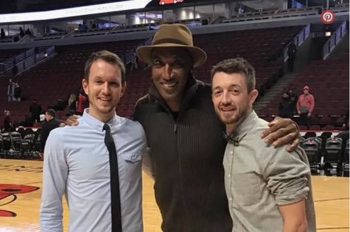 Scottie Pippen congratulated Michael Holtzman (left) and Jake Conrad, who got engaged at Thursday’s Chicago Bulls game.