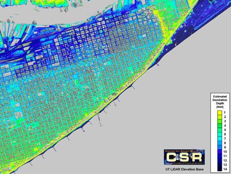 Depth of inundation in the City of Galveston estimated from debris line elevations and tide gauge records using elevation data collected by the university's aerial LiDAR system. 