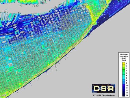 <p>Depth of inundation in the City of Galveston estimated from debris line elevations and tide gauge records using elevation data collected by the university's aerial LiDAR system. </p>