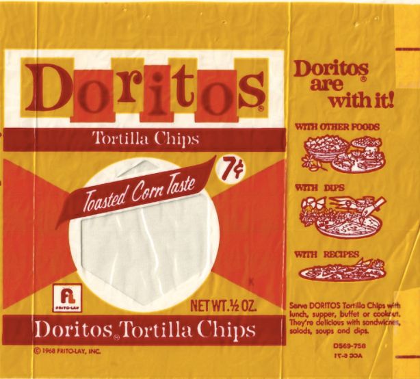 A Doritos bag from 1968 heralds their "toasted corn taste."