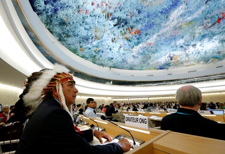 Dave Archambault II, chairman of the Standing Rock Sioux tribe, is seen at the United Nations in Geneva, Sept. 20, 2016. Archambault wants a meeting with President-elect Donald Trump.