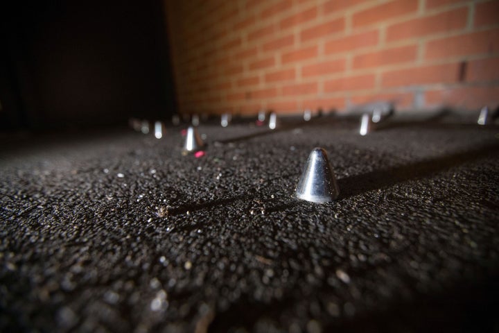 Metal spikes installed outside 118 Southwark Bridge Road, London, to deter homeless people from sleeping there.