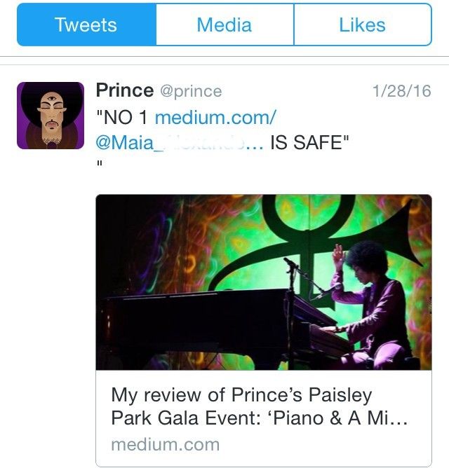I GOT A TWITTER NOTIFICATION SHORTLY AFTER POSTING REVIEW (1/28). A TWEET FROM @Prince! (The review was originally published on medium.com: Maia’s review...)
