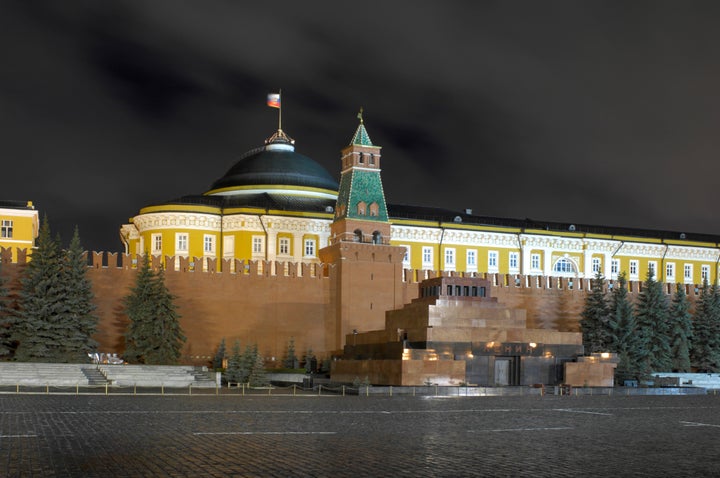 Night view of the Kremlin Senate, the Kremlin's Senatskaya Tower, and Lenin's Mausoleum , in Red Square.