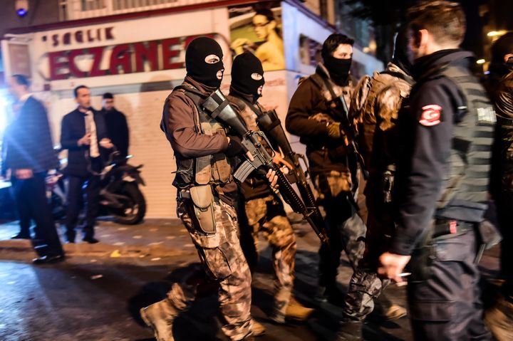 <strong>Turkish special force police officers patrol streets after a car bomb exploded near the stadium of football club Besiktas</strong>