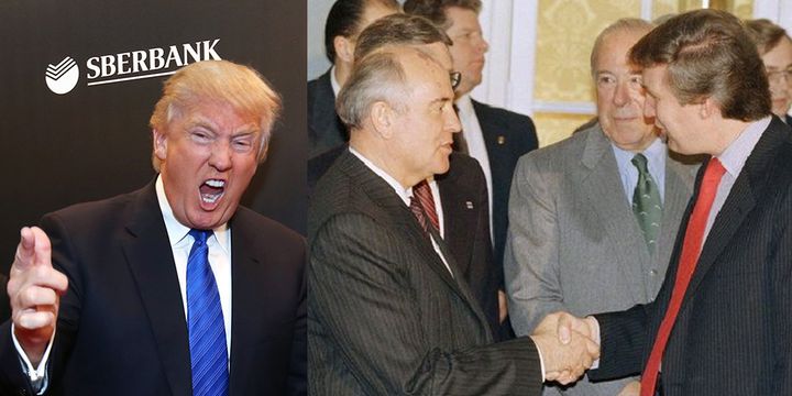 <p>Left: <a href="https://www.huffpost.com/news/topic/donald-trump">Donald Trump</a> in Moscow 2013. Right: Russian former USSR leader Mikhail Gorbachev shakes hands with Donald Trump</p>