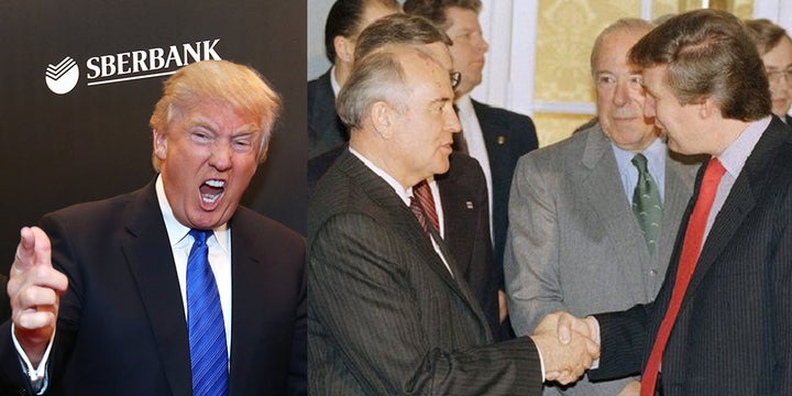 Left: Donald Trump in Moscow 2013. Right: Russian former USSR leader Mikhail Gorbachev shakes hands with Donald Trump