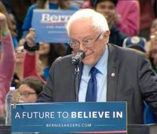 Birdie Sanders! A cogent and even-tempered Bernie Sanders gesturing towards a bird at a campaign rally in Portland, Oregon on