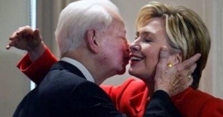Circa 2004, Senator Hillary Clinton from New York sharing an embrace with the late Robert Byrd, the renowned Senator and parl