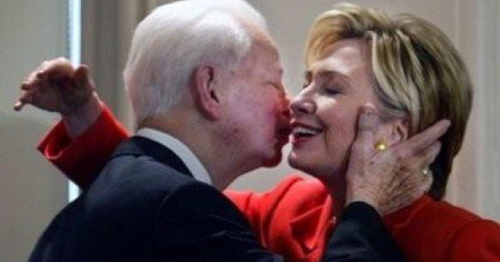 Circa 2004, Senator Hillary Clinton from New York sharing an embrace with the late Robert Byrd, the renowned Senator and parliamentarian from West Virginia. Byrd passed away in 2010.