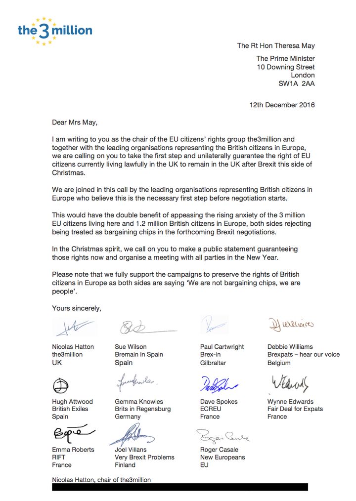 <strong>The 3 million campaign will be handing in this letter to Theresa May at Downing Street on Monday.</strong>