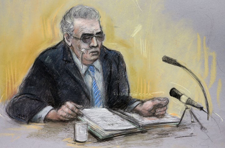 <strong>A court sketch by Elizabeth Cook of Moors the murderer appearing via video link at Manchester Civil Justice Centre in 2013</strong>