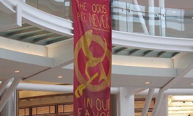 The banner that earned "terrorism hoax" charges for environmental activists in 2014 (Photograph: gptarsandsresistance.org).