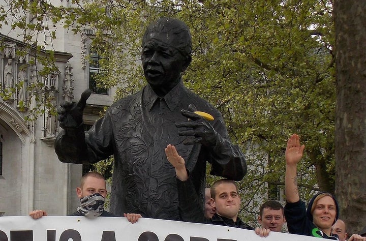 A National Action protest in 2014 defaced the statue of Nelson Mandela in Parliament Square