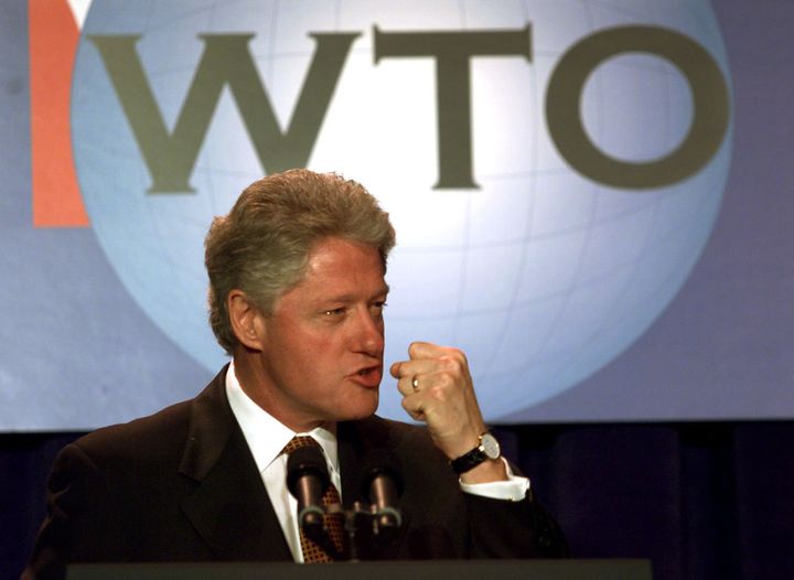 U.S. President Bill Clinton addresses ministers attending the 1999 World Trade Organization meeting in Seattle.