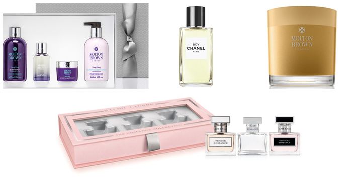 Ylang-Ylang Comforting Body Gift Set from Molton Brown, BOY Les Exclusifs de Chanel, Oudh Accord & Gold Three Wick Candle from Molton Brown, Romance Trilogy Holiday Coffret from Ralph Lauren. 