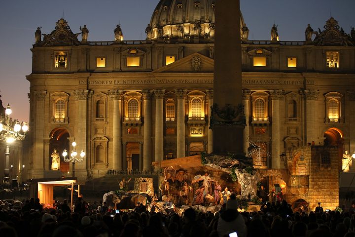 The nativity scene in Saint Peter's Square during the Christmas tree switch on ceremony on December 9, 2016 in Vatican City, Vatican.