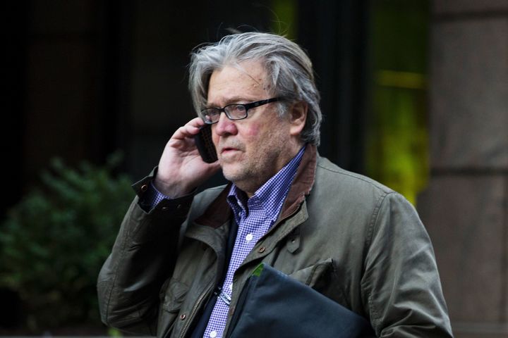Steve Bannon, chief strategist for President-elect Donald Trump, talks on the phone outside Trump Tower in New York, Dec. 9, 2016.