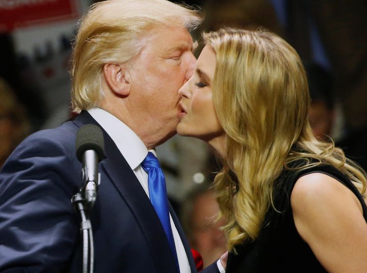 Donald Trump gives his daughter a kiss after she spoke for him at a rally in New Hampshire in early November.