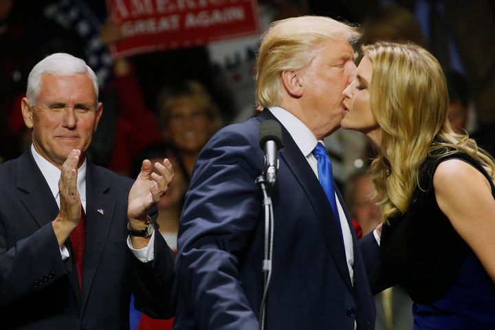 Donald Trump gives his daughter a kiss after she spoke for him at a rally in New Hampshire in early November.