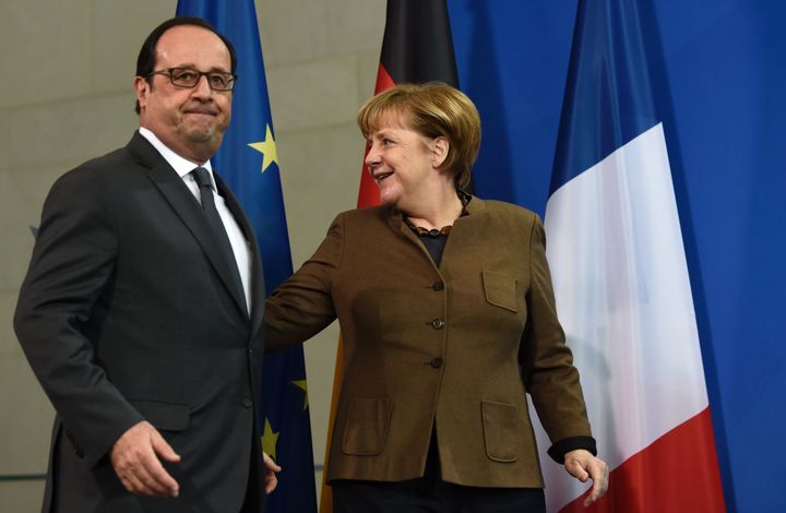<strong>French President Francois Hollande and German Chancellor Angela Merkel during a joint press conference in Berlin on Tuesday</strong>