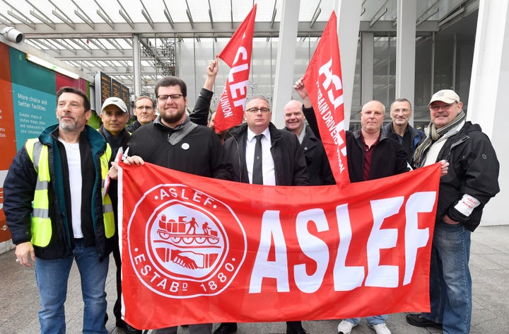 An Aslef picket line at London Bridge station as a strike by train drivers on Southern Railway