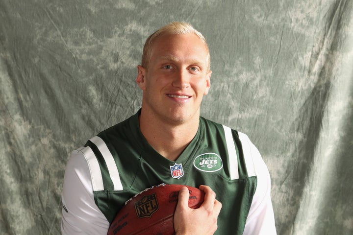 Reuland is pictured in a photo portrait as a Jet, with whom he had his best season.