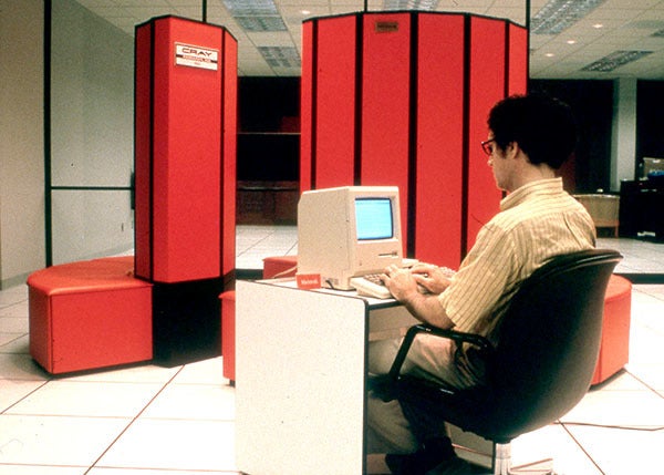 A Cray supercomputer in the mid-1980s at the National Center for Supercomputer Applications, located at the University of Illinois, Urbana-Champaign.