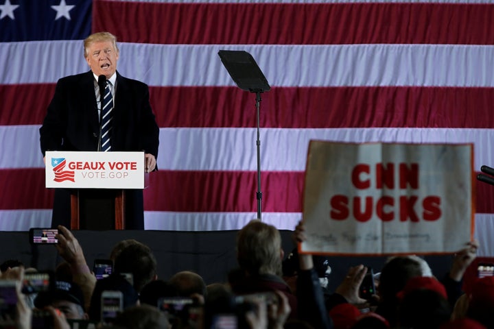 Donald Trump appearing last week at one of his "Thank You" rallies, where press-bashing riffs from the campaign continue.