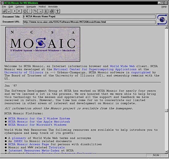 <p>NCSA Mosaic 1.0, the first web browser to achieve popularity among the general public.</p>