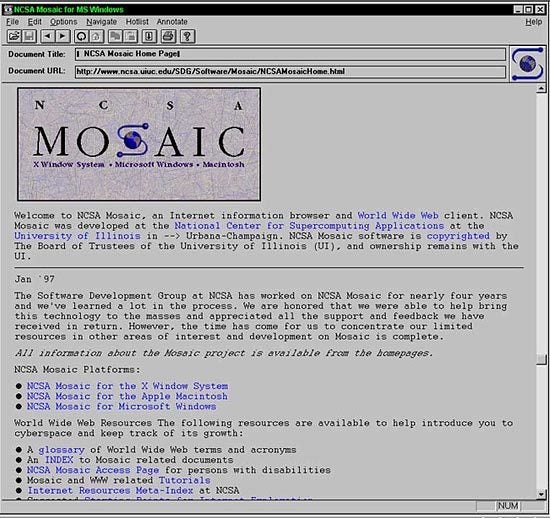 NCSA Mosaic 1.0, the first web browser to achieve popularity among the general public.