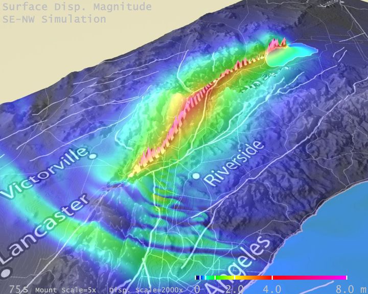 A visualization showing the displacement of the surface of California along the San Andreas fault based on a magnitude 7.7 earthquake.