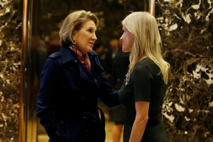Former Republican presidential candidate Carly Fiorina speaks with Donald Trump's campaign manager, Kellyanne Conway, in the lobby of Trump Tower in New York on Dec. 12, 2016.