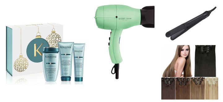 Résistance Holiday Gift Set from Kérastase, Pro Dryer 2000 from Harry Josh, Magnesium Flat Iron by Ion from Sally Beauty, Clip-In Hair Extensions from Lux Beauty Club. 