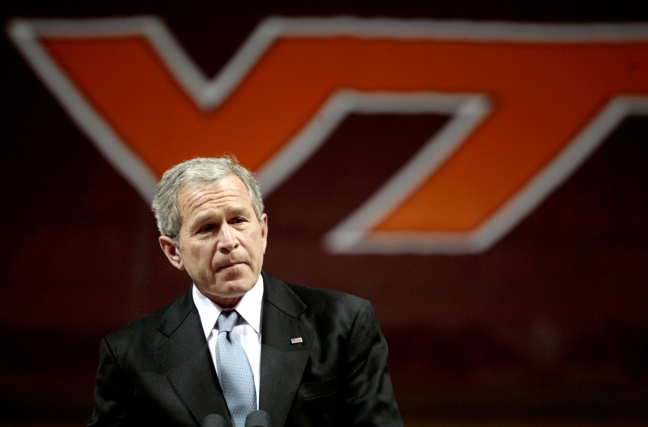 President George W. Bush speaks at Virginia Tech on April 17, 2007, a day after the mass shooting there.