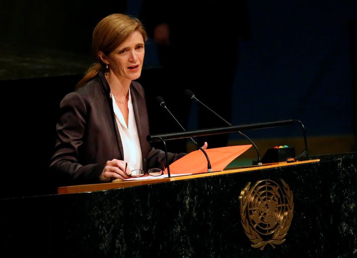 Samantha Power speaks during a tribute to the late King of Thailand Bhumibol Adulyadej in the General Assembly at United Nations headquarters in New York, October 28.