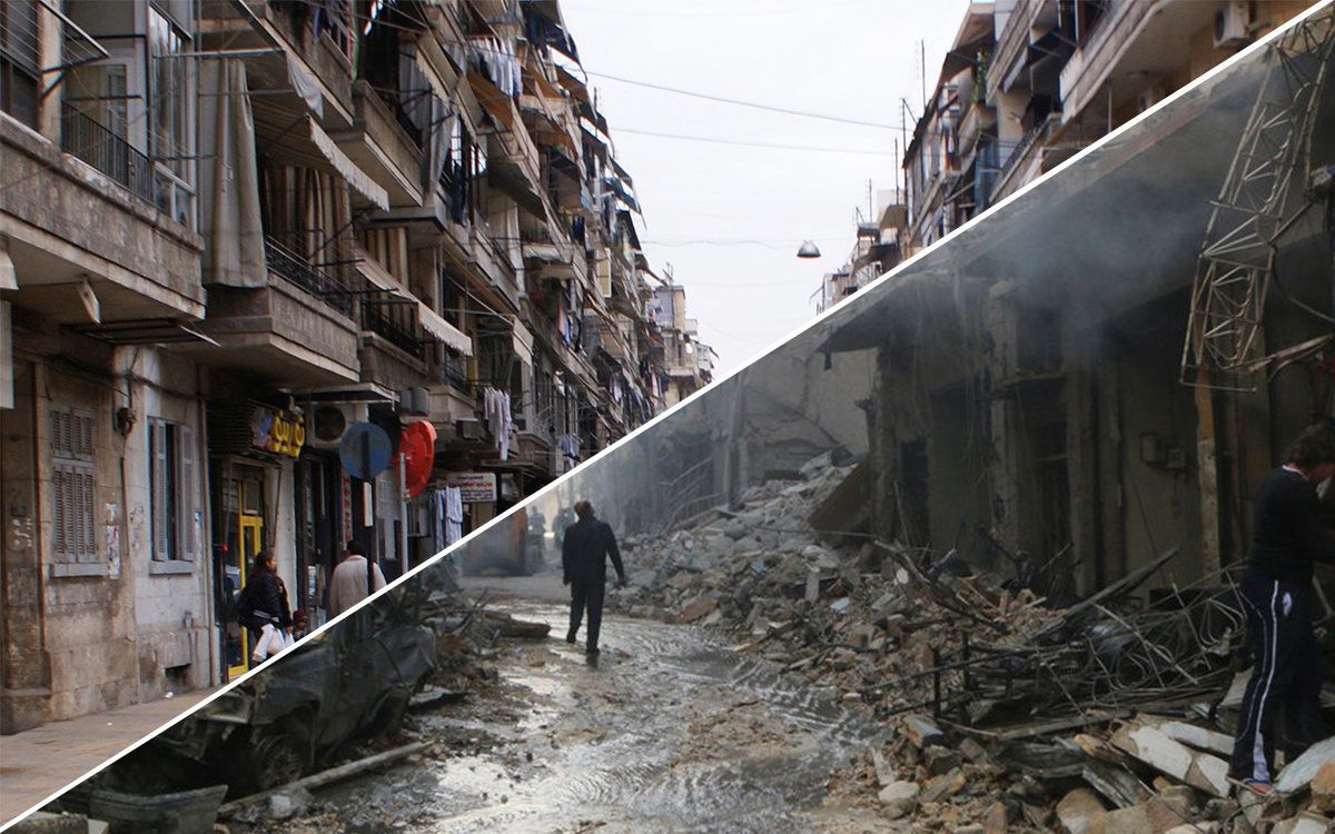 A before and after shot of Aleppo's streets 