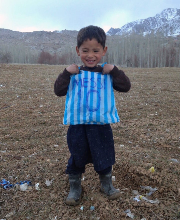 Murtaza in his makeshift Barcelona shirt