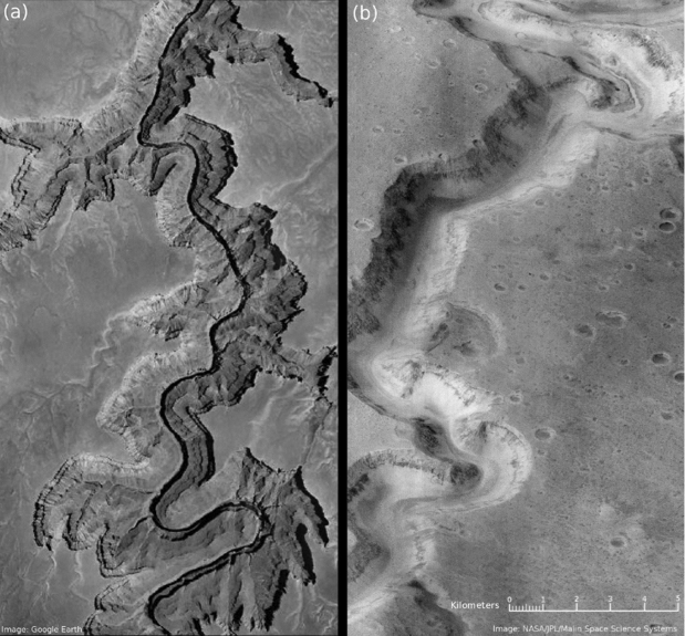 A comparison (to scale) of portions of the Grand Canyon (a) and Nanedi Valles (b), one of the ancient martian valley networks.