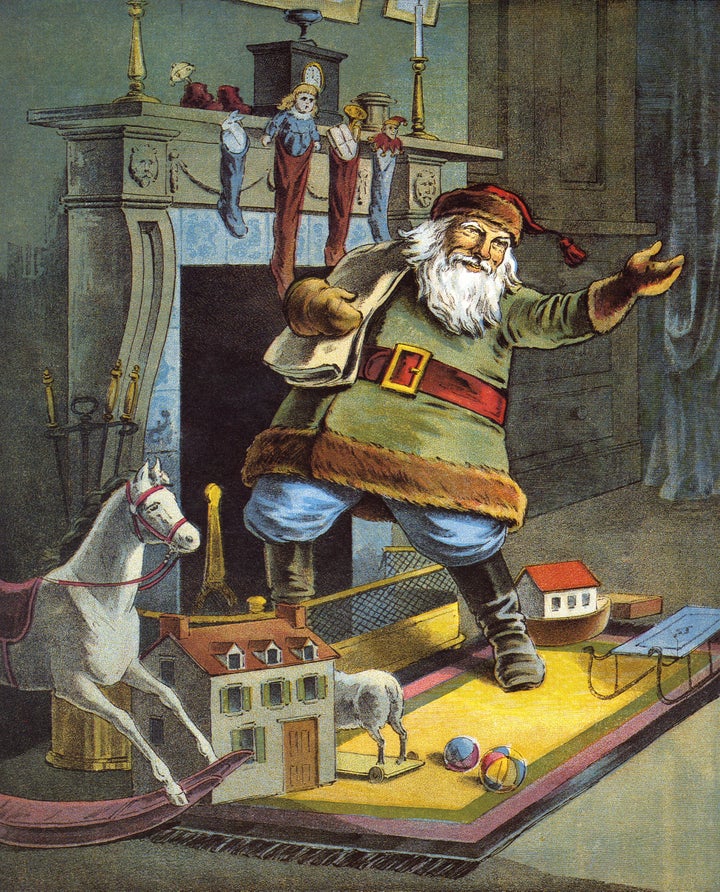 Vintage illustration from the poem 'The Night Before Christmas, or a Visit from St Nicholas' of Santa delivering toys on Chri