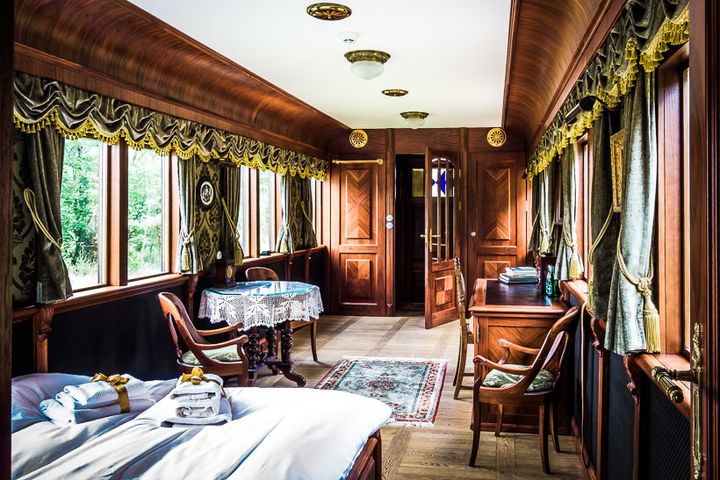 A train car room fit for a tsar at Carska Hotel in Bielowieza, Poland.