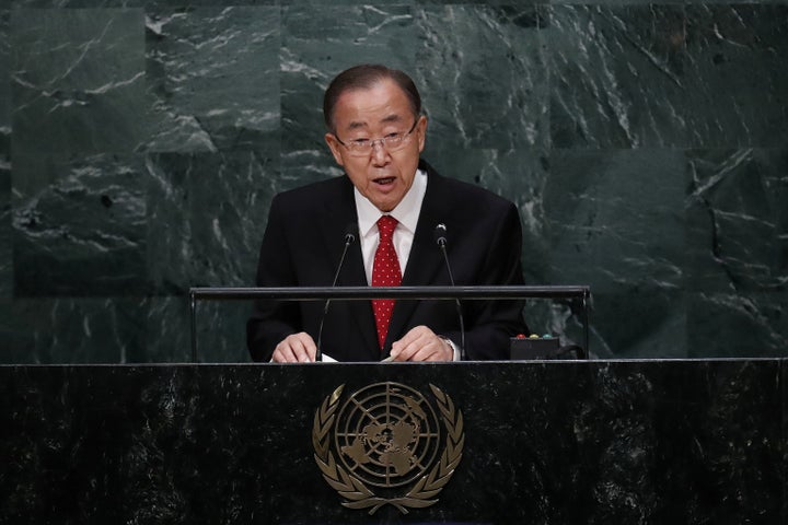 United Nations Secretary General Ban Ki-moon speaks before the swearing-in of Secretary-General-designate Mr. Antonio Guterres of Portugal at UN headquarters in New York, U.S., December 12, 2016.