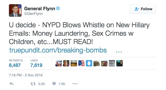 Flynn's Nov. 2 tweet, which alleged that Clinton committed "sex crimes."