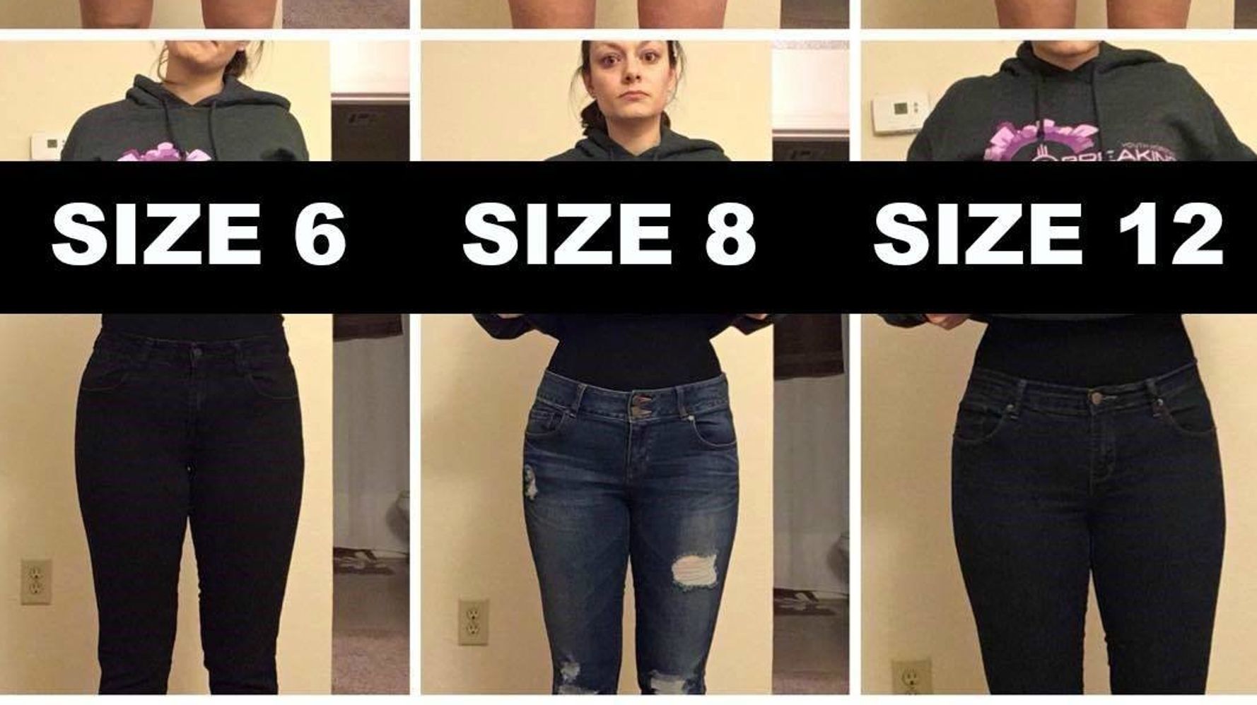Woman Poses In Varying Pants Sizes To Make A Point About Body