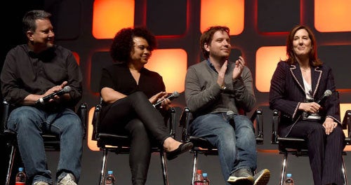 <p>(L to R) ILM Chief Creative Officer John Knoll, Lucasfilm Senior Vice President of Development Kiri Hart, “Rogue One” director Gareth Edwards and President of Lucasfilm Kathleen Kennedy at Star Wars Celebration Anaheim.</p>