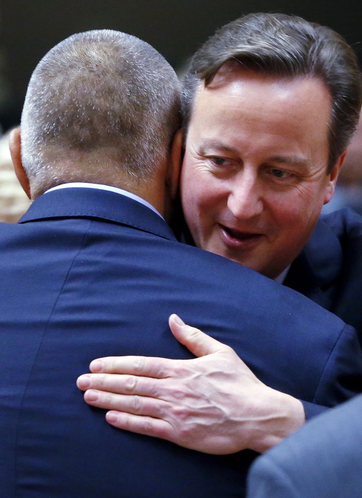 Cameron embraces Bulgarian Prime Minister Boyko Borisov